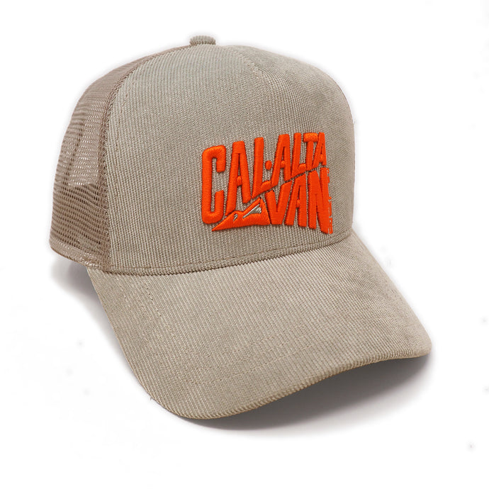 CAL-ALTA Van Club Signature Cord Trucker Hat - Tan / Clementine